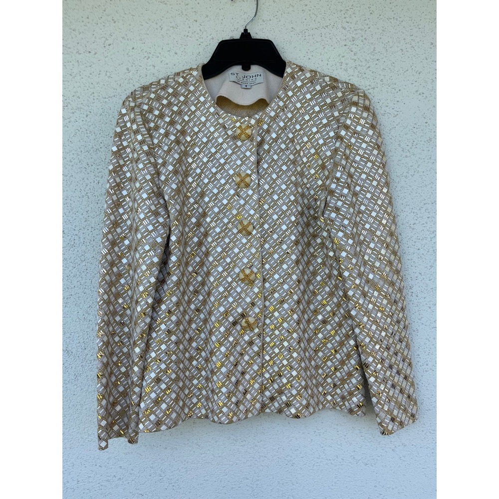 St John Evening Marie Gray Gold Sequin Knit Jacket Beige Cream Metallic Size 4